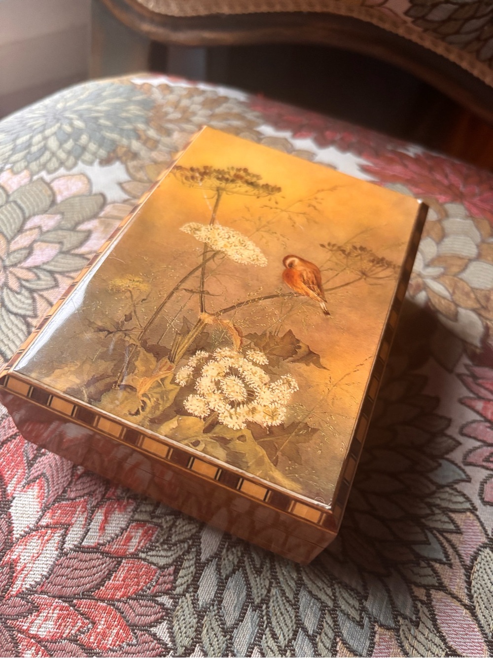 Reuge 1960’s Hand-Painted Floral French Wooden music Box - Golden Brown